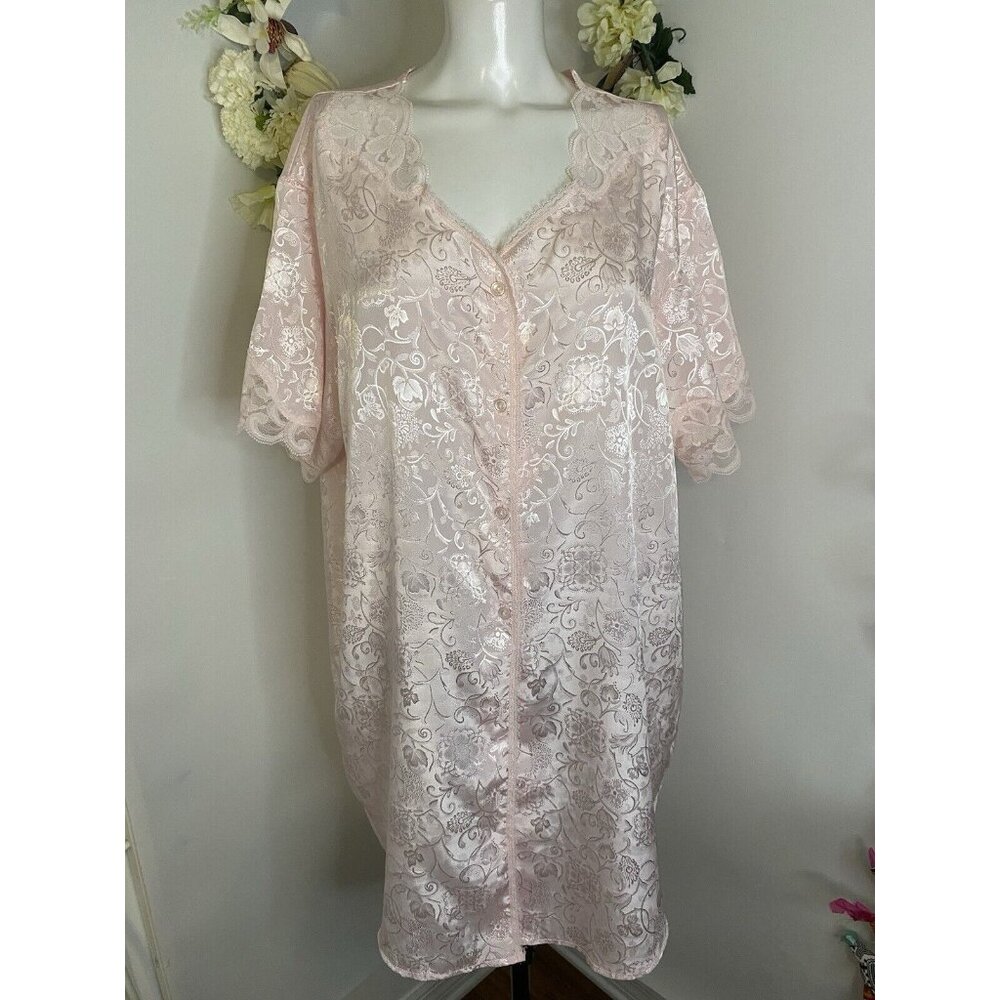 Adonna Vintage Satin Lace Pink Floral‎ Size Large Night Gown Lingerie Robe Midi